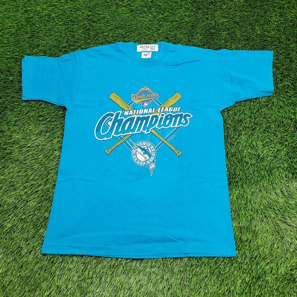 Vintage 1997 Florida Marlins Baseball Shirt Large 20x27 World-Series Blue